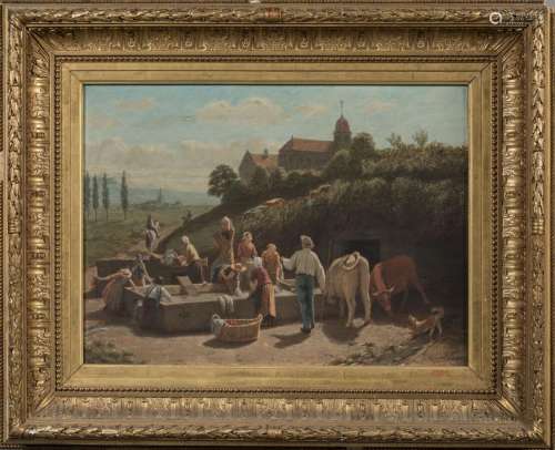 Germain PAGET (1817-1884)Scène animée au lavoir.Huile sur to...