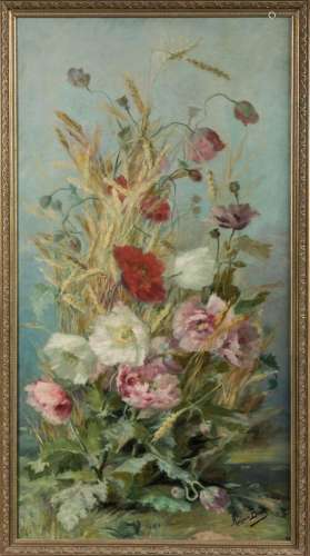 Marguerite BRUN (1860-1922)En pendant « Roses trémières et é...