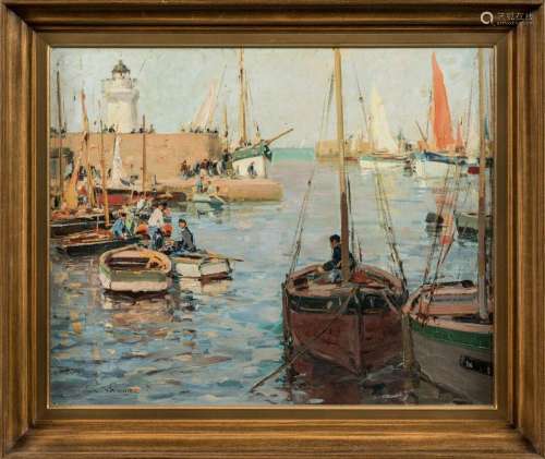 Paul-Emile LECOMTE (1877-1950)Vue de port.Huile sur toile.Si...