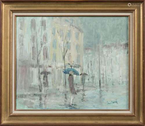 André GUITAUD (XXème siècle)Parapluie bleu.Huile sur toile.S...