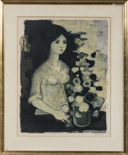 André MINAUX (1923 - 1986)Femme au bouquet.Lithographie.Sign...