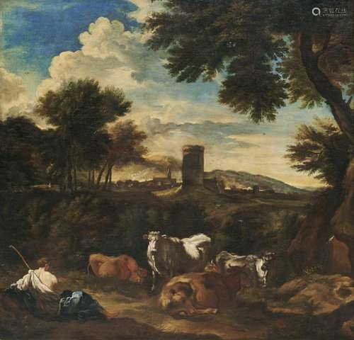 CARLO ANTONIO TAVELLA 1668-1738 PAESAGGIO PASTORALE CON TORR...