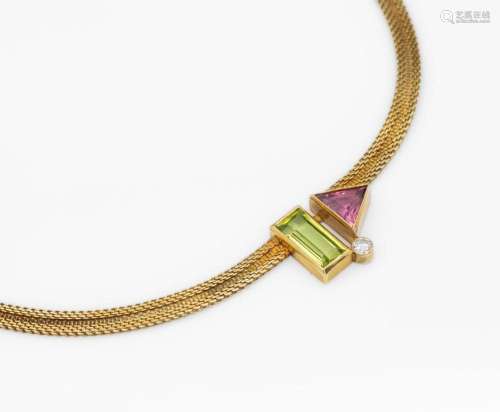 8 kt gold necklace with coloured stones and brilliant