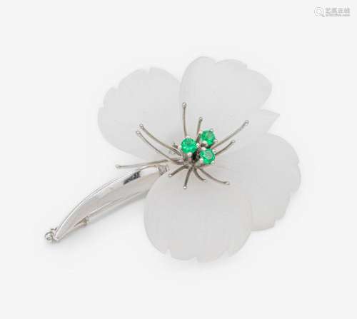 14 kt gold blossombrooch with rock crystal and tsavorites