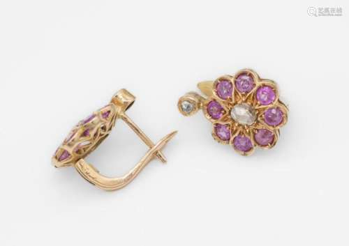 Pair of 14 kt gold earrings with rubies and diamonds