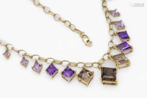 9 kt gold necklace with amethysts and smoky quartz