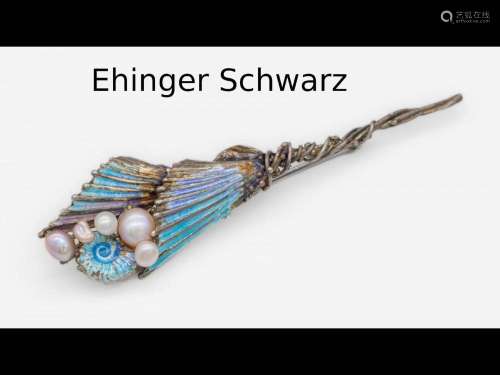 EHINGER SCHWARZ bar brooch with enamel and pearls