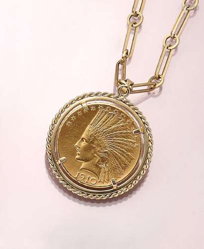14 kt gold coin pendant with 10 Dollar Gold coin with chain