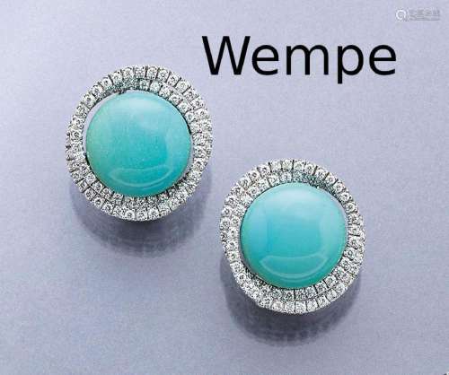 Pair of 18 kt gold WEMPE earrings with turquoise and brillia...
