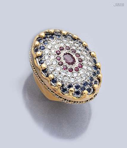 Solid 14 kt gold ring with coloured stones and brilliants