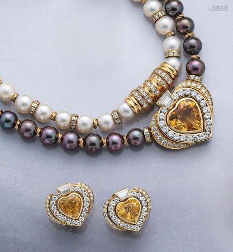 18 kt gold jewelry set with cultured pearls, brilliants and ...
