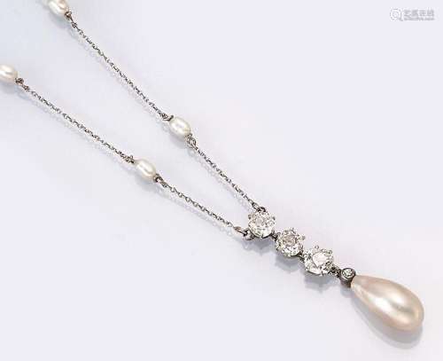 Platinum Art Nouveau necklace with nature pearls and diamond...