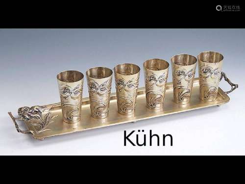 6 Art Nouveau beakers on tray, 800 silver goldplated