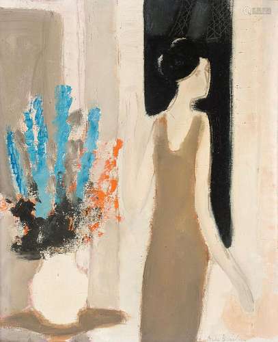 ANDRÉ BRASILIER (né en 1929) Femme au bouquet devant la fenê...