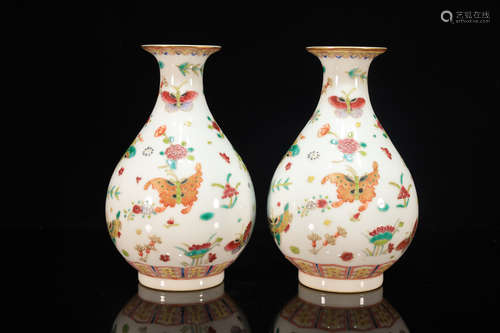 Pair of Famille Rose Butterfly Pattern Porcelain Vase