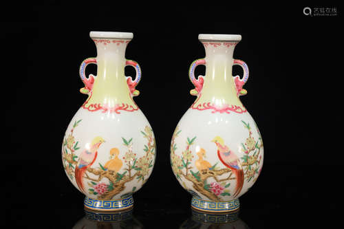 Pair of Bird Pattern Porcelain Vase