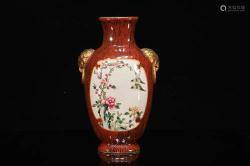 Wood Color Base Flower Pattern Porcelain Vase