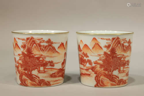 Pair of Red Drawing Landscape Porcelain Cup