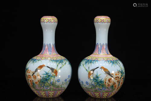 Pair of Blue Base Bird Pattern Porcelain Vase