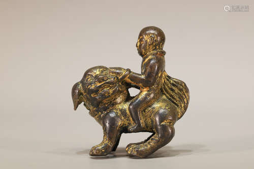 Gilt Bronze Lion with Child Figure