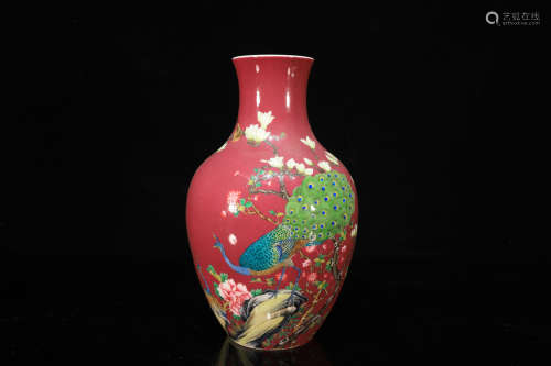 Pink Base Bird Pattern Porcelain Vase