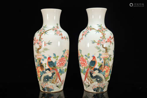 Pair of Bird with Flower Porcelain Vase