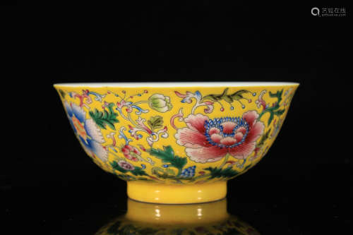 Yellow Base Flower Pattern Porcelain Bowl