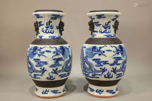 Pair of Blue and White Dragon Pattern Porcelain Vase