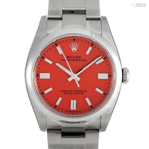 Rolex Oyster Perpetual 36mm Watch W/Red Coral Dial
