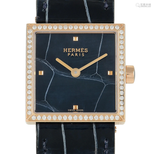 Hermes Carre Cuir 24mm 18K Rose Gold and Diamond Watch