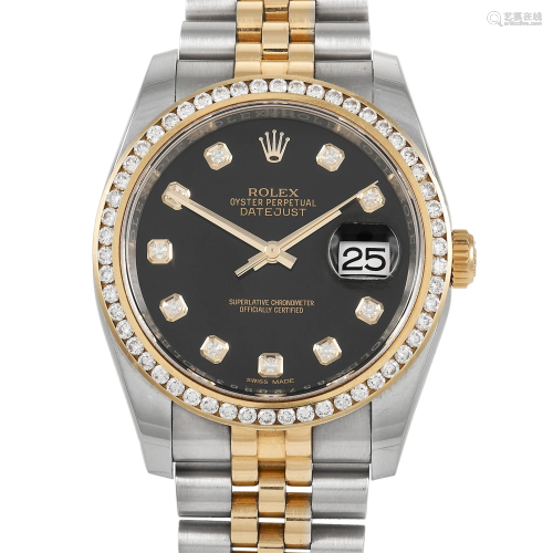 Rolex Datejust 36mm 18K/SS Watch W/Black Diamond Dial