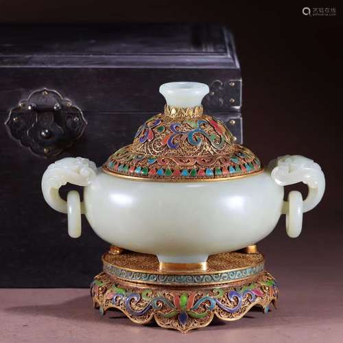 Jade Silver gilded Ganoderma lucidum ear stove in Hotan of Q...