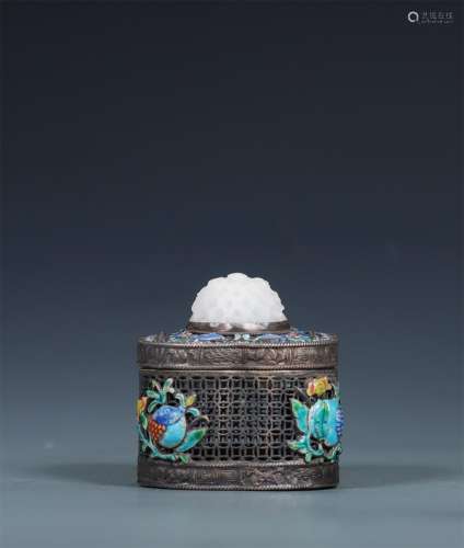 Old Tibetan pure silver blue inlaid Hotan jade sachet box