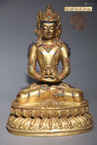 Ming Dynasty precision cast bronze gilded Buddha seated stat...