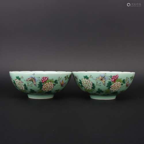 A pair of clear bean, green glaze and colored flower mouth b...