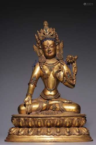 In the Qing Dynasty, the White Tara was inlaid with gold and...