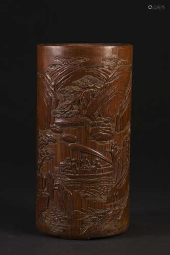 Bamboo carving high scholar travel pen holder in Qing Dynast...