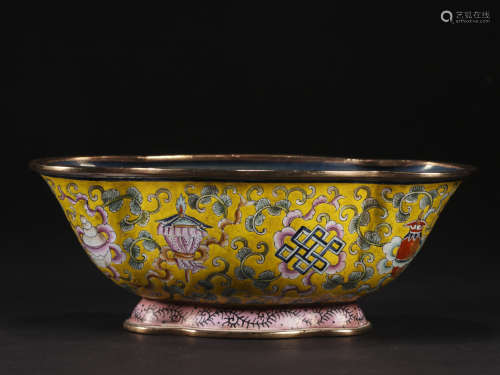 Gilded enamel flowerpot with copper body made in the year of...