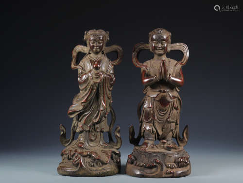 A pair of old Tibetan bronze fetuses and two immortals statu...