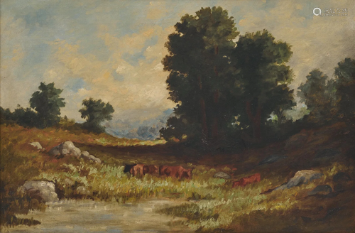 EDWARD MITCHELL BANNISTER, (American, 1828-1901), Cows at a ...