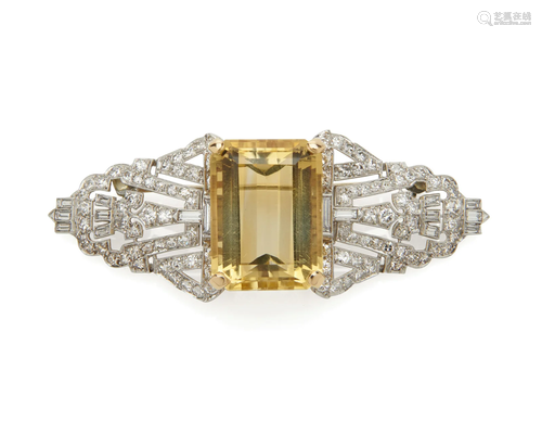 Platinum, 14K Gold, Citrine, and Diamond Brooch