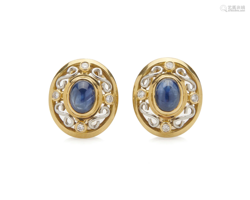 18K Gold, Platinum, Sapphire, and Diamond Earrings