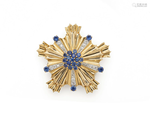 TIFFANY & CO. 14K Gold, Sapphire, and Diamond Brooch