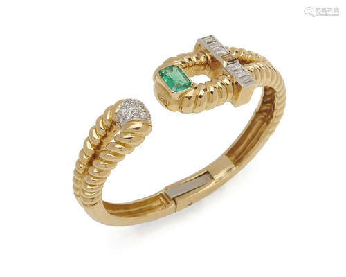 18K Gold, Diamond, Colored Diamond, and Emerald Bracelet