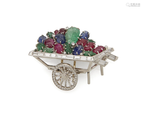 Platinum, Gemset, and Diamond 'Fruit Cart' Brooch