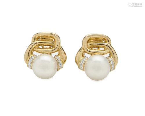 14K Gold, South Sea Pearl, and Diamond Earrings