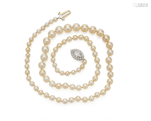 Platinum, Natural Pearl, and Diamond Necklace