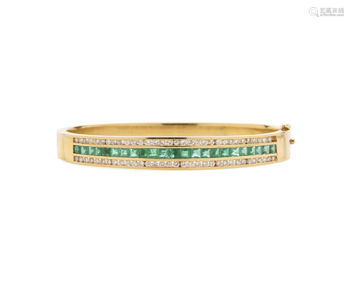 18K Gold, Emerald, and Diamond Bangle Bracelet