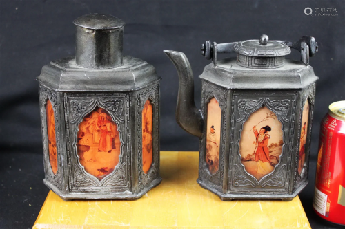 A Pair Antique Chinese Tin/Silver Bottles