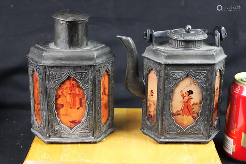 A Pair Antique Chinese Tin/Silver Bottles